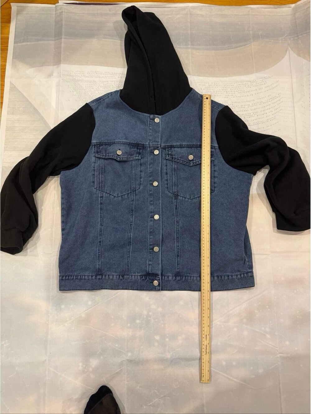 Women's 2XL Denim Hoodie Jacket Blue Black Button Front Clothing00021